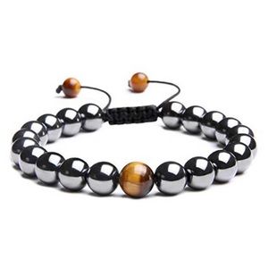 Hematite & Tiger eye Beaded Bracelet Adjustable men women